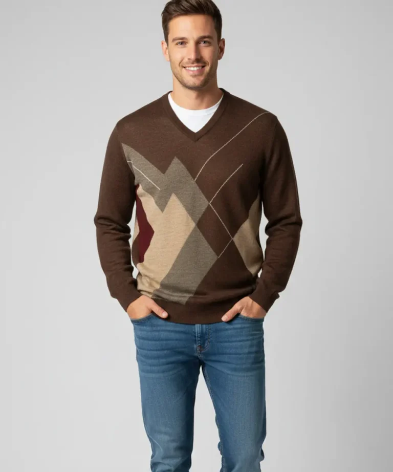 Men’s Reversible Brown and Beige Sand V-Neck Patterned Knit Sweater