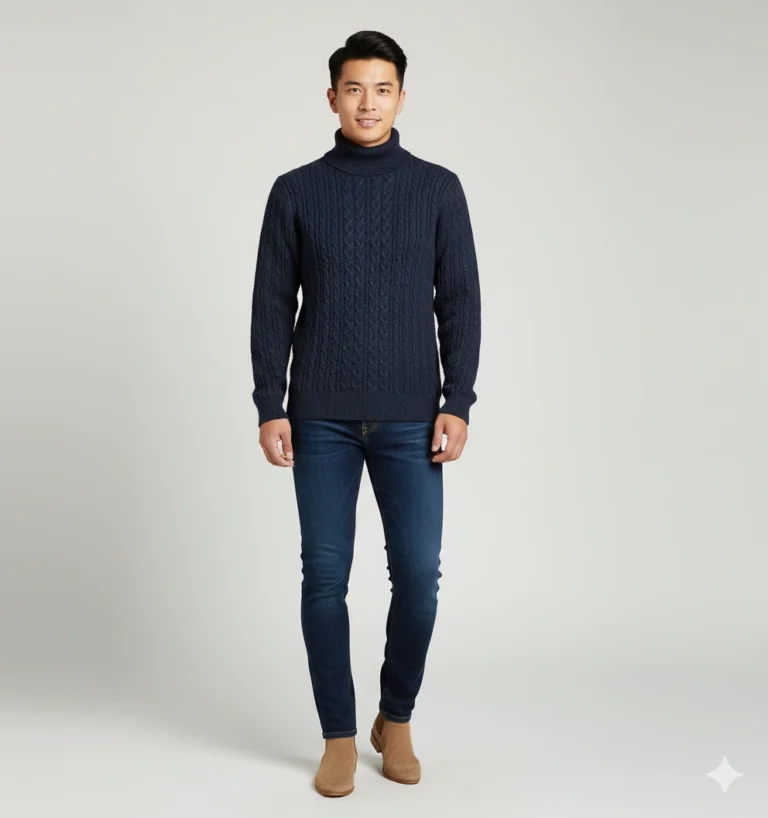 Navy blue premium cable knit turtleneck pullover