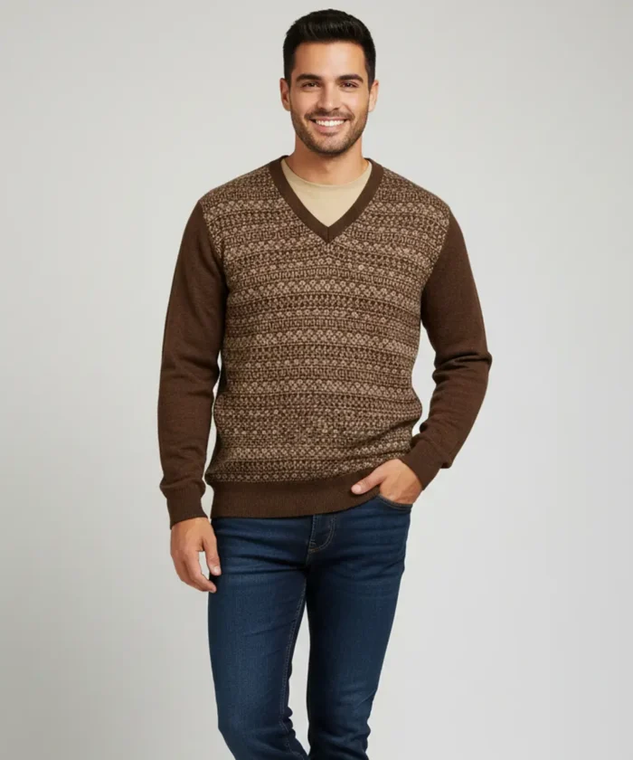 Men’s Reversible Brown and Beige V-Neck Patterned Knit Sweater