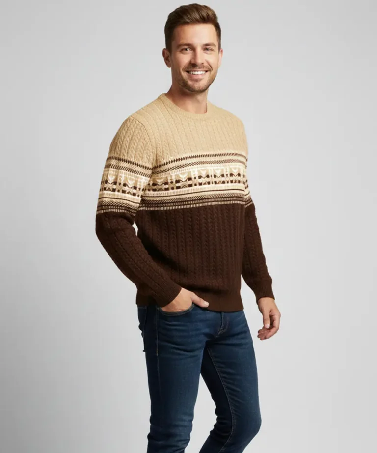 Men’s Modern Beige and Dark Brown Fair Isle Knit Sweater