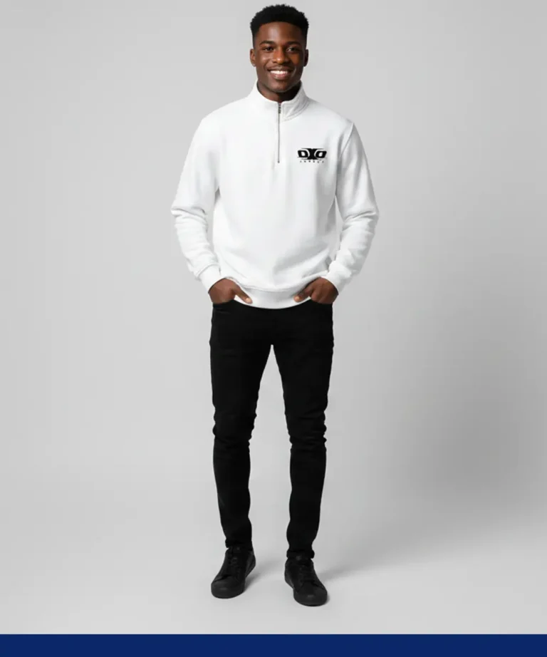 Men’s Premium Half Zip Sweatshirt with Side Pockets | Regular Fit | White Printed Casual Wear