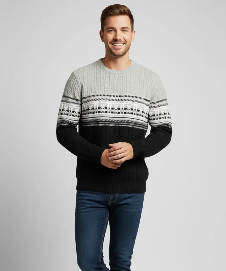 Men’s Modern Light Grey and Black  Fair Isle Knit Sweater
