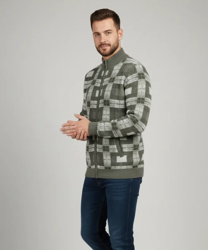 Men’s Olive Green and Light Grey Plaid Pattern Zip-Up Knit Sweater