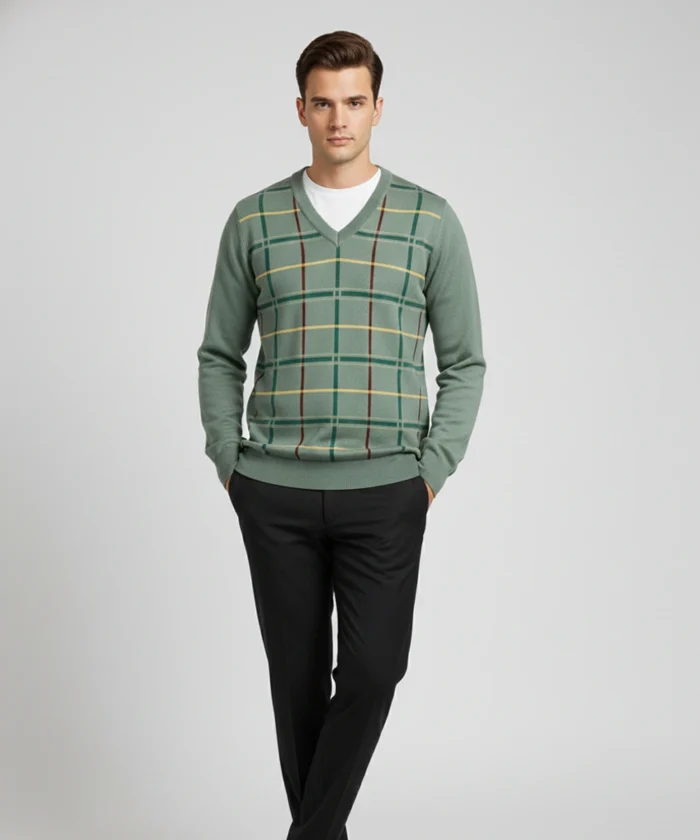 Men’s Premium V-Neck Check Sweater | Classic Checkered Knit Pullover for Smart Casual Style