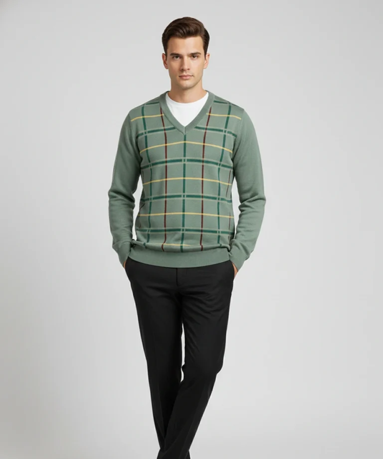 Men’s Premium V-Neck Check Sweater | Classic Checkered Knit Pullover for Smart Casual Style