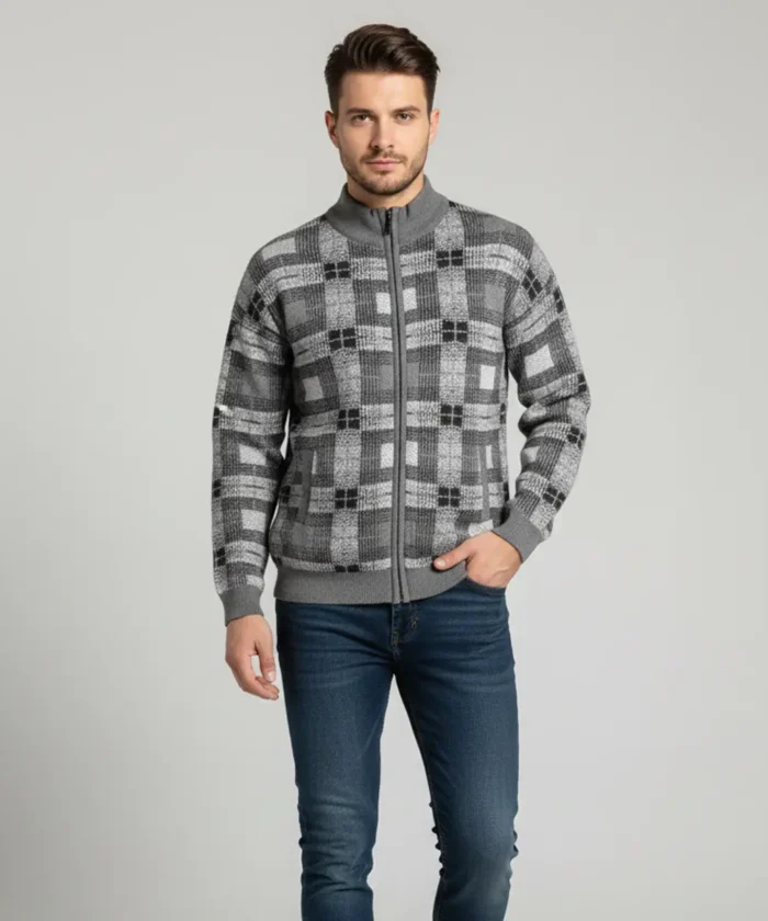 Men’s Grey and Charcoal Plaid Pattern Zip-Up Knit Sweater