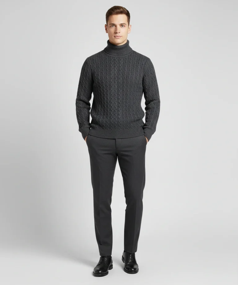 Black premium cable knit turtleneck heavy wool pullover