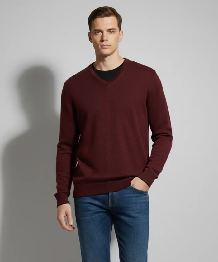 Men’s Dual-Side Reversible Burgandy and Black V-Neck Patterned Knit Sweater
