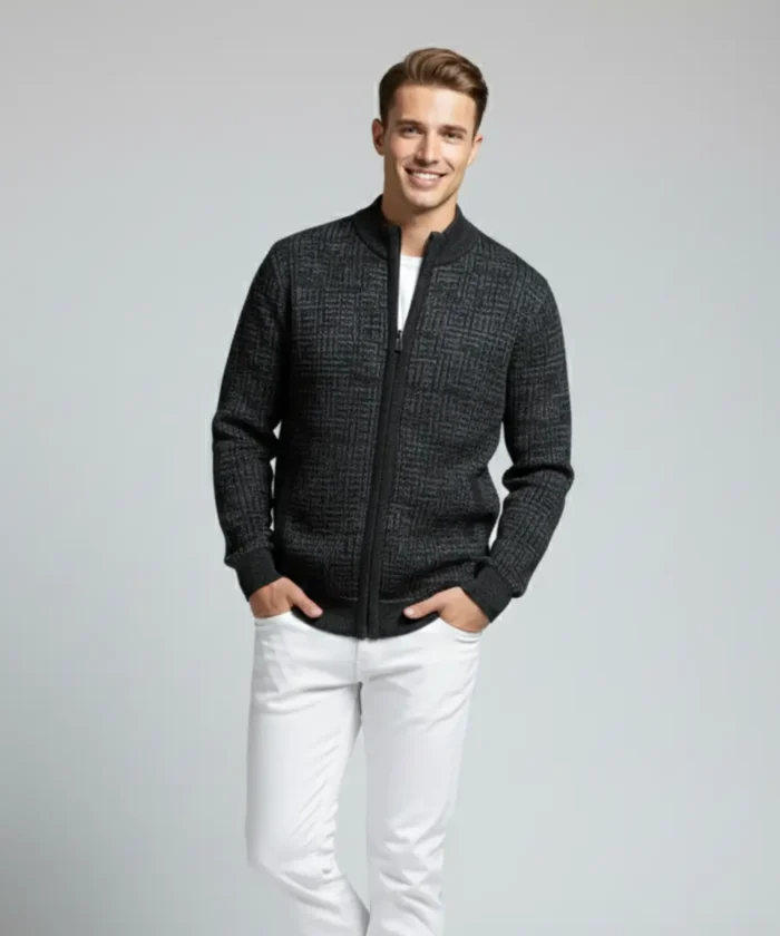 Men’s Black Textured Pattern Zip-Up Knit Sweater