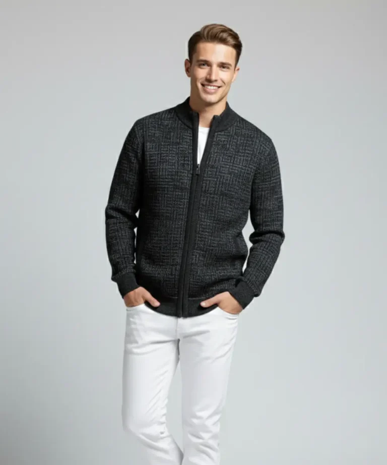 Men’s Black Textured Pattern Zip-Up Knit Sweater