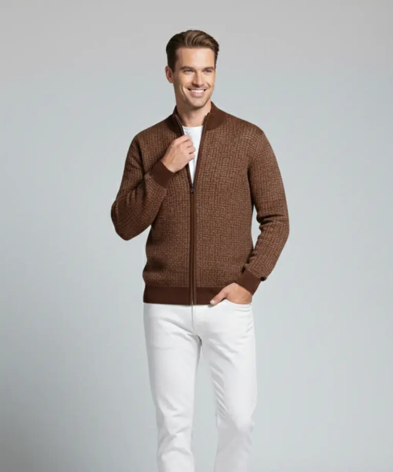 Men’s Chocolate Brown Textured Pattern Zip-Up Knit Sweater
