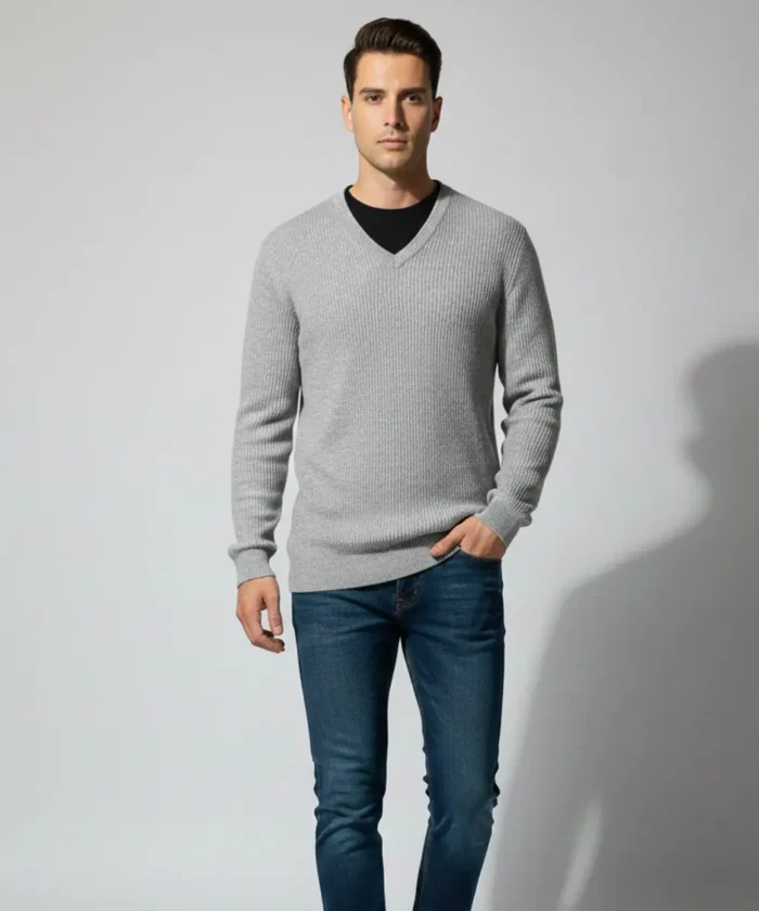 Men’s Dual-Side Reversible Grey and Black V-Neck Patterned Knit Sweater
