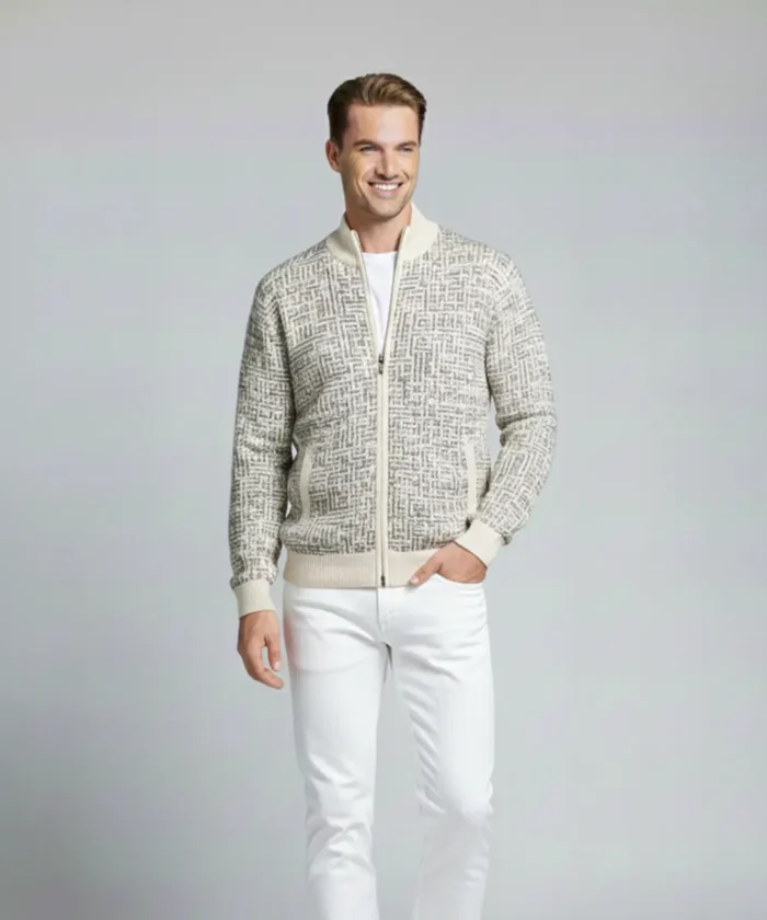 Men’s Cream Textured Pattern Zip-Up Knit Sweater