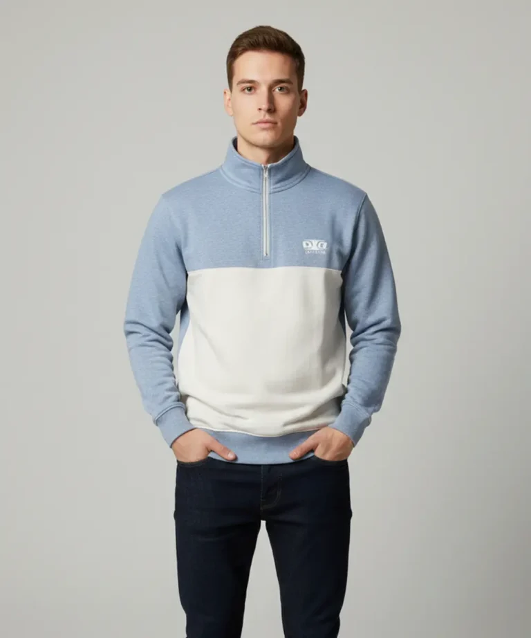 Multicolor Premium Half Zip Sweatshirt with Side Pockets | Regular Fit | Ice Blue and White Casual Wear