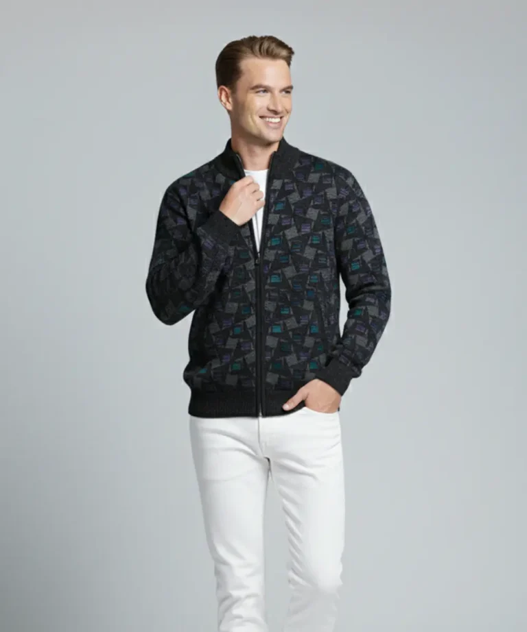Men’s Black Geometric Pattern Zip-Up Knit Sweater