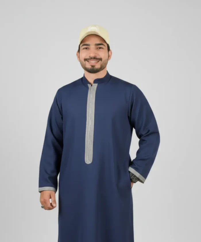 Premium Men’s Modern Thobe –NAVYBLUE WITH GREY