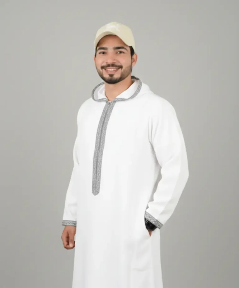 Premium Men’s Modern Thobe – WHITE WITH GREY HOODIE
